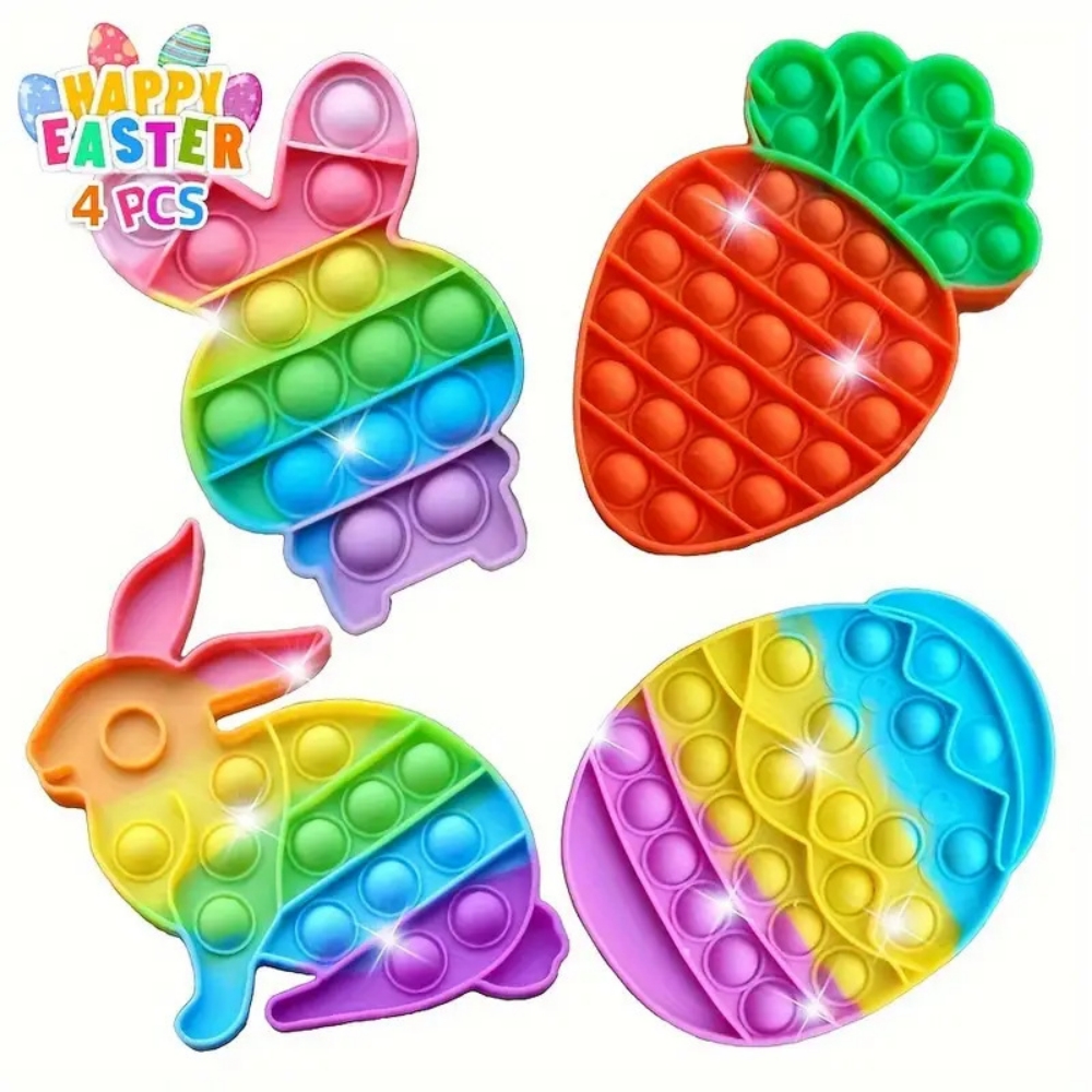 Party Games Egg - ชุดของเล่นกดฟองสบู่รูปไข่กระต่ายอีสเตอร์และแครอท 4 ชิ้น สำหรับงานปาร์ตี้วันเกิด อีสเตอร์ งานรื่นเริง